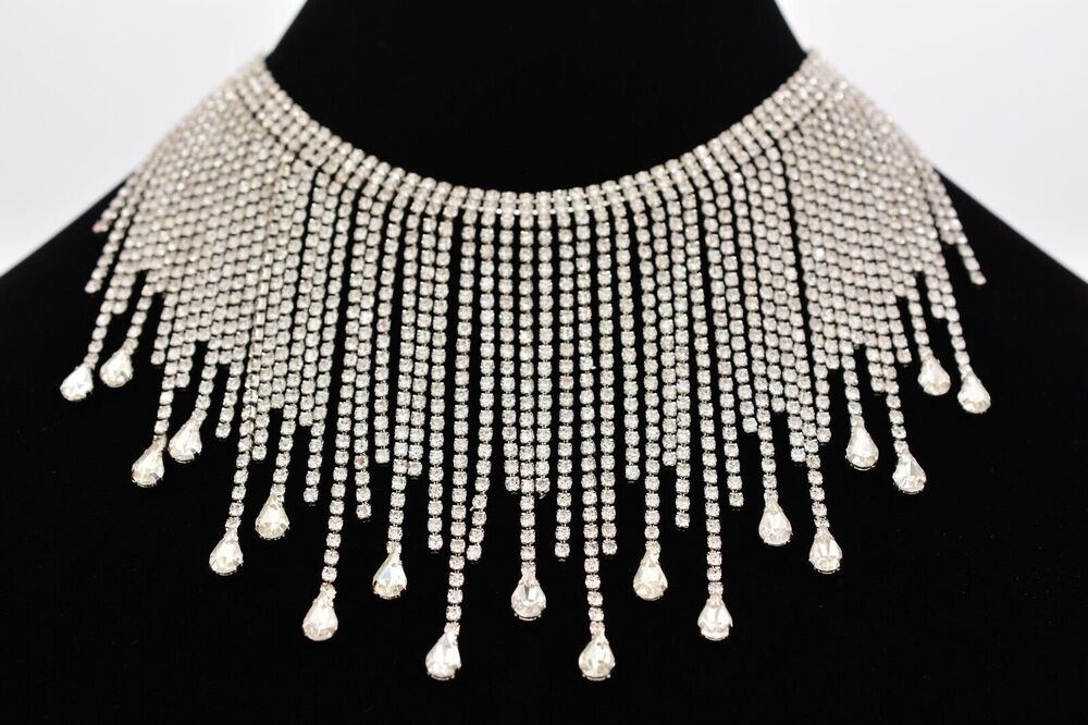 Vintage Crystal Choker Collar Necklace Fringe Drip Dazzle Glam Chunky 90s BinA